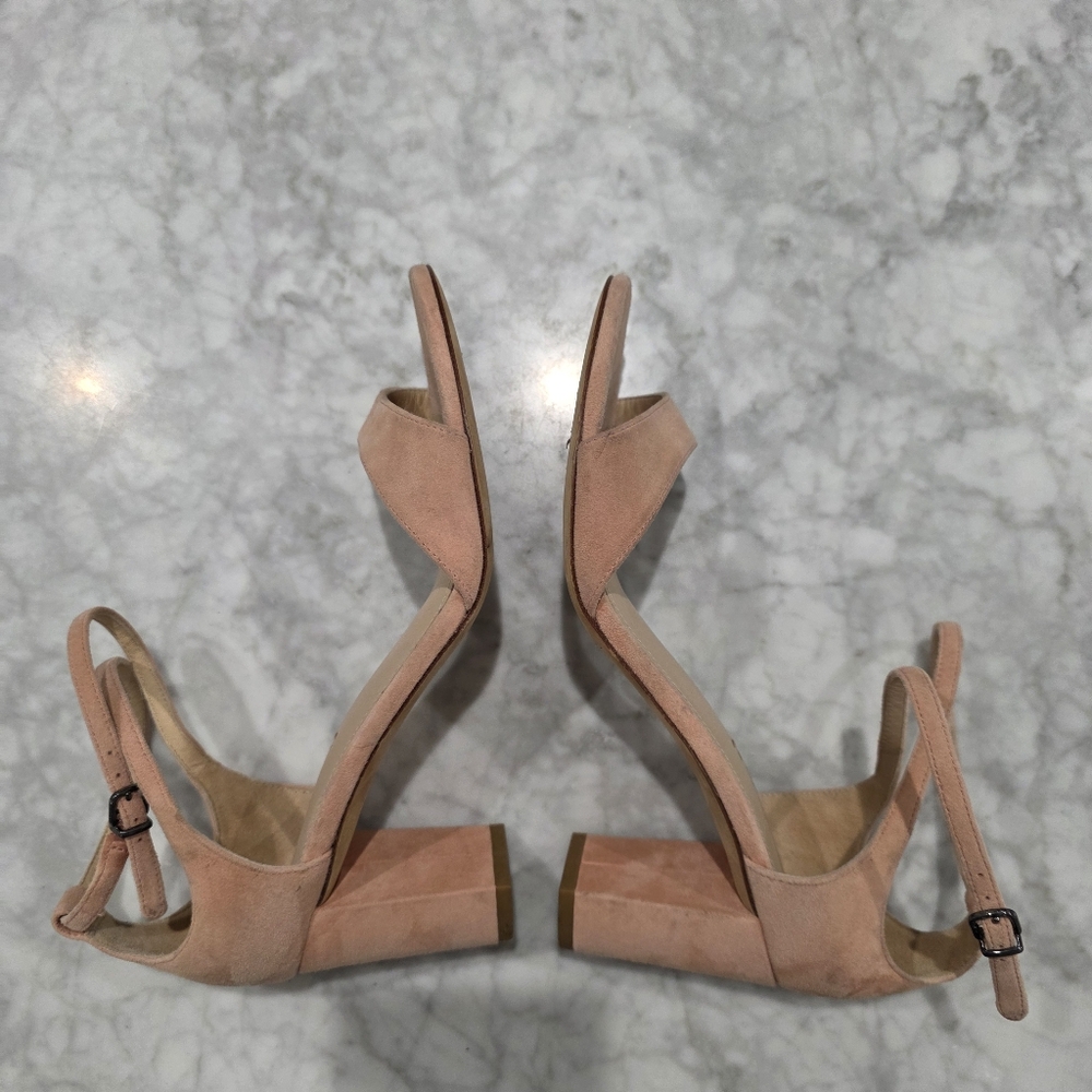 NEW Via Spiga Suede Pink Nude‎ Open Toe Block Heels 9 - Picture 5 of 7